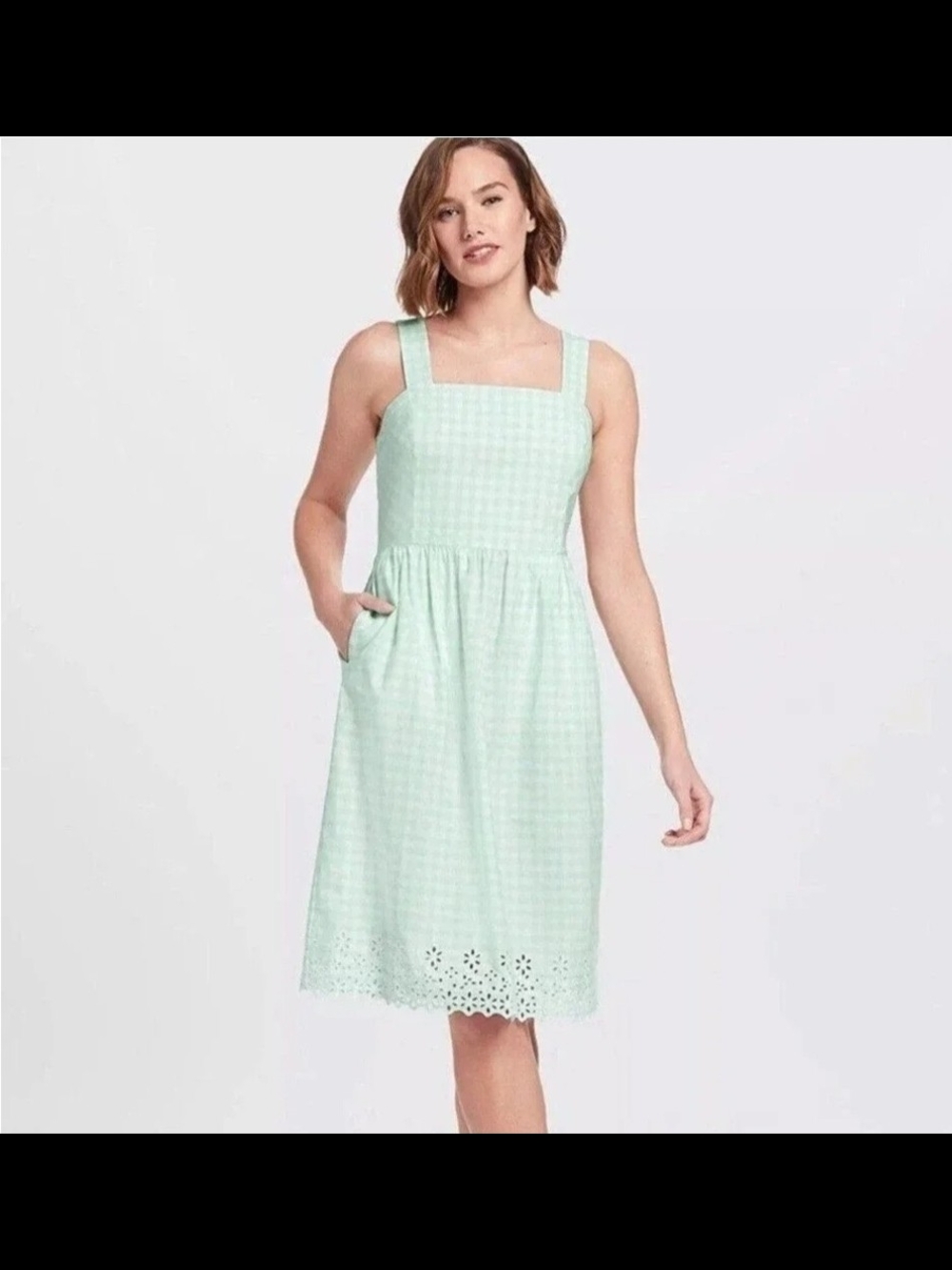 Draper James Embroidered Gingham Mint Green Square-Neck Sundress with Eyelet Hem